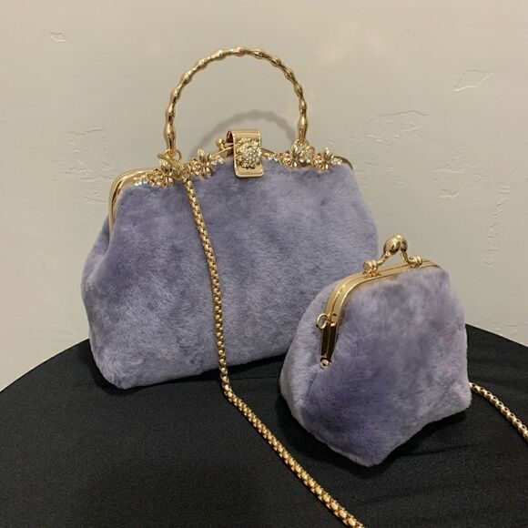 Genuine Shearling Leather Handmade Top Handle Metal Frame Bag & Small Clutch Set - Picture 3 of 16